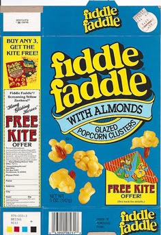 a package of fiddle faddle with almonds and popcorn bites on the front side