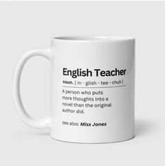 The english teacher  definition mug. This funny personalised english teacher definition definition mug is the perfect gift for any english language lover, teacher, or colleague in your life. With its charming design and personalised touch, this mug is sure to bring a smile to their face every time they use it. Whether they enjoy sipping their morning coffee or afternoon tea, this lovely gift is both practical and thoughtful. Show your appreciation for their love of english with this unique and d Teacher Definition, Funny English, English Teacher Gifts, Teacher Mug, Work Gifts, Job Work, English Teacher, White Colour, Teacher Gift