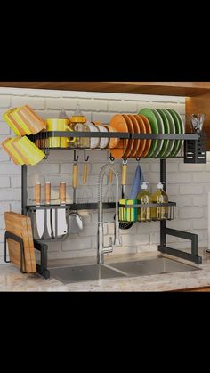 a rack filled with lots of plates and knives