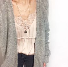 A Feminine Tomboy Lace Cardigan Outfit Aesthetic, Lace Cami And Cardigan, Henley With Lace Cami, Lace V-neck Camisole, Casual V-neck Pointelle Knit Cardigan, Feminine Tomboy, Delicate Necklaces, Lace Camisole