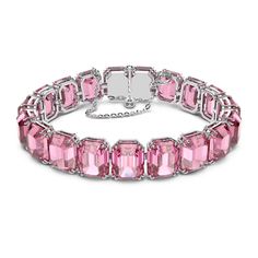 This pink, crystal bracelet is perfectly crafted with uniform, octagon-cut crystals on a sleek, rhodium-plated prong setting and finished with a fine-jewelry-inspired fastening. An elegant wardrobe essential, this piece can be worn on its own for an ultramodern daytime look, or teamed with the complementary necklace from the Millenia family for chic evening adornment. This bracelet is part of the Millenia family, designed by Creative Director Giovanna Engelbert for Collection III. How to close a Swarovski Millenia, Pink Crystal Bracelet, Pink Sapphire Jewelry, Swarovski Jewelry, Pink Bracelet, Crystal Bracelet, Pink Crystal, Italian Charm Bracelet, Crystal Bracelets