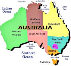 a map of australia with all the major cities and their name in different colors on it