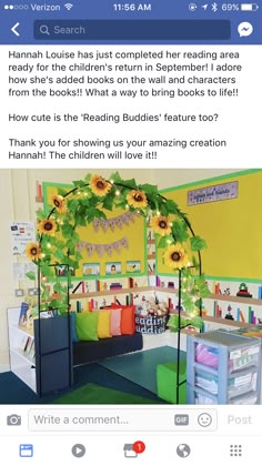 an image of a room with sunflowers on the wall and some bookshelves