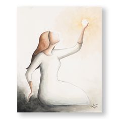 a watercolor painting of a woman sitting on the ground with her hand up in the air