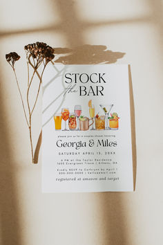 An invitation card for a "Stock the Bar" couples shower, showcasing colorful drink illustrations, placed next to dried flowers against a light background. Couples Shower Ideas, Couples Shower Decorations, Couples Shower Themes, Funny Invitations, Couples Bridal Shower, Party Bars, Wedding Theme Colors, Invite Template, Couple Shower