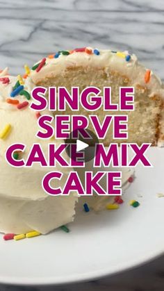 a single serve cake with sprinkles on it and the words, single serve cake mix