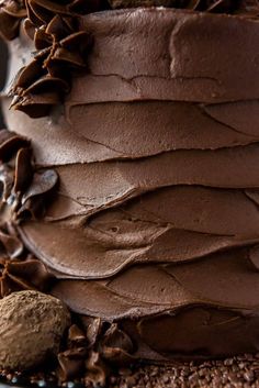 a close up of a cake with chocolate frosting and nuts on the bottom layer