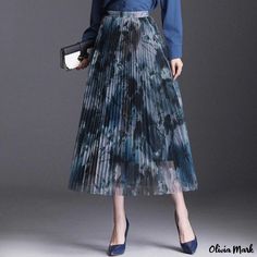 Olivia Mark - Womens Printed Organza Midi Skirt with Pleats and Ruffles Organza Midi Skirt, Skirt With Pleats, Printed Organza, Floral Print Chiffon, Pleated Maxi Skirt, Solid Color Dress, Pleated Maxi, Elegant Dresses Long, Denim Midi Skirt