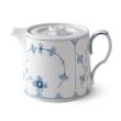 a blue and white coffee pot on a white background