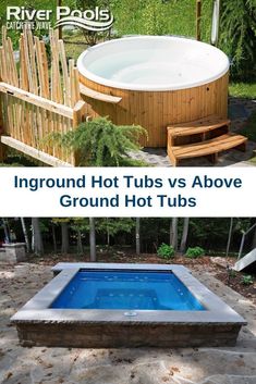 an above ground hot tub next to a wooden deck in the middle of a yard