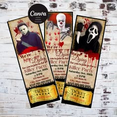 two tickets for a halloween party with scary faces and blood dripping down the sides, sitting against a white brick wall