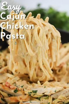 his Cajun Chicken Pasta combines juicy chicken and fettuccine pasta with creamy, spicy cajun alfredo sauce. It’s an easy way to add a little pizzazz and a lot of flavor to your regular weeknight dinner routine. Cajun Chicken Alfredo Pasta, Cajun Alfredo Sauce, Easy Cajun Chicken Pasta, Cajun Chicken Fettuccine, Vegetarian Alfredo, Cajun Alfredo, Chicken Dinner Recipes Healthy, Dinner Ideas With Chicken