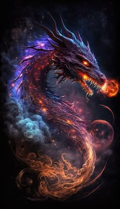 a dragon with fire in its mouth and clouds around it's neck, on a black