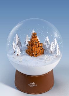 a snow globe with an image of a castle in the middle and trees around it