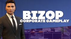 a man wearing a suit and tie standing in front of a blue background with the words bizop corporate game play