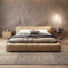 a modern bedroom with stone walls and flooring