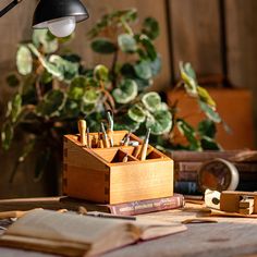 a wooden box filled with pens and pencils on top of a table next to a plant