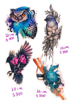 four different birds and flowers are shown in this graphic art work, each with their own image