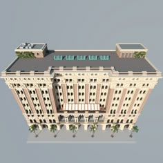 an architectural model of a building with windows and balconies on the top floor