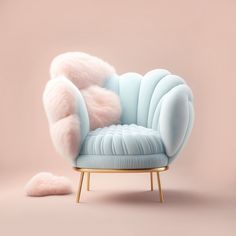 a light blue chair with pink fur on the back and legs, sitting in front of a pale background