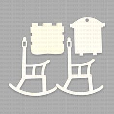 two white rocking chairs next to each other on a gray background with the words,