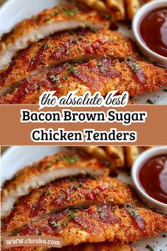 Bacon Brown Sugar Chicken Tenders 📝 Ingredients:  🍗 1 lb chicken tenders 🥓 8 slices bacon 🍂 1/2 cup brown sugar 🌿 1/4 cup Dijon mustard 🌿 1/2 tsp garlic powder 🌿 1/2 tsp onion powder 🌶️ 1/2 tsp paprika 🧂 1/4 tsp black pepper 🧂 1/4 tsp salt 📋 Instructions:  Prepare the Chicken:  Preheat your oven to 400°F (200°C). Line a baking sheet with parchment paper or lightly grease it. In a small bowl, mix the brown sugar, Dijon mustard, garlic powder, onion powder, paprika, black pepper, and salt until well combined. Coat each chicken tender with the brown sugar mixture. Wrap and Bake:  Wrap each coated chicken tender with a slice of bacon, securing it with toothpicks if necessary. Place the bacon-wrapped chicken tenders on the prepared Bacon Brown Sugar Chicken, Easy Diner, Bacon Wrapped Chicken Tenders, Brown Sugar Chicken, Brown Sugar Bacon, Chicken Tender, Easy Bacon, Best Bacon, Bacon Wrapped Chicken