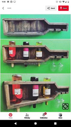 two wooden shelves with wine glasses and bottles on them, one is made out of pallets