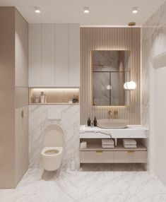 a bathroom with a toilet, sink and mirror