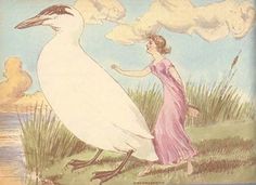 an image of a woman walking next to a bird on the grass with clouds in the background