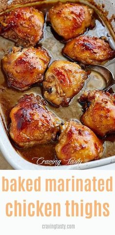 chicken thighs in a pan with text overlay that reads killer chicken thigh marinade