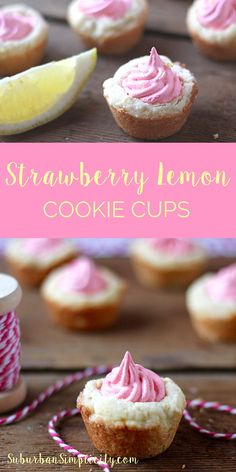 strawberry lemon cookie cups with pink frosting and sprinkles on top are shown