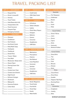 the travel packing list is shown with orange and white text on it, which includes items for