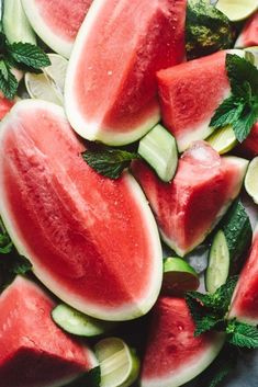 watermelon slices and cucumbers with mint leaves