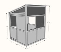 the side view of a small wooden structure with measurements for each section, including two doors and one window