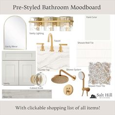 bathroom mood board with white and gold fixtures