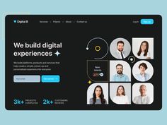 the web page for digital experiences is displayed on a blue and black background with people's faces