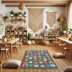 a room filled with lots of wooden furniture and plants on the wall next to a rug