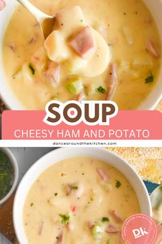 two bowls of soup with cheese ham and potato in them, one has a spoon