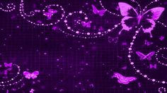 purple butterflies are flying in the air on a black background with circles and dots around them