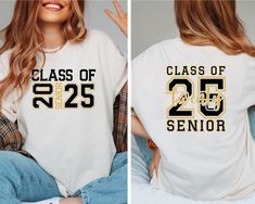 two pictures of a woman wearing a class of 205 senior t - shirt