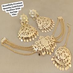 This Is Beautiful Punjabi Jadau Necklace With Gold Plated Earings For Women And Girls | Gold Plated And Pearl Jewellery | Sangeet Jewellery | Punjabi Jewellery | Nikah Jewellery | Indian Wedding / Gold Plated Set / One Gram Gold Set / Gold Necklace Set Made With Gold Plated , Pearls , Beads , Pipal Patti . Thank You :) Gold Chandbali Jewelry With Tilla Detailing, Gold Plated Tikka For Wedding And Festivals, Gold Meenakari Tikka For Gift, Traditional Gold Kundan Necklace With Elegant Design, Gold Temple Jewelry Tikka As Gift, Gold Meenakari Bridal Sets As Gift, Gold Meenakari Bridal Sets For Gift, Bollywood Style Filigree Jewelry For Diwali, Gold Tilla Necklace For Wedding