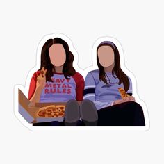 two women sitting next to each other with pizza in front of their faces sticker