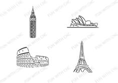 four different drawings of the eiffel tower and other things in black and white