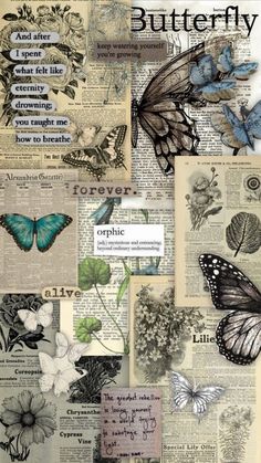 a collage of butterflies and flowers on an old book page