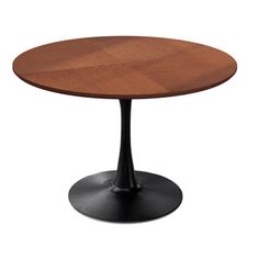 a round wooden table with black base and an oval wood top, viewed from the front