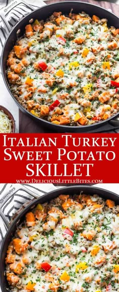 two pans filled with italian turkey sweet potato skillet