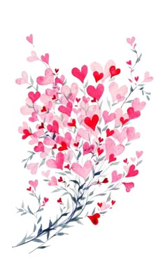 watercolor painting of pink and red flowers with hearts on the stems, against a white background