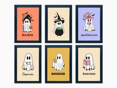 four framed pictures with cartoon characters in different colors and sizes, each featuring a ghost