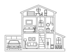 an outline of a house with furniture and car in the garage, as well as other rooms