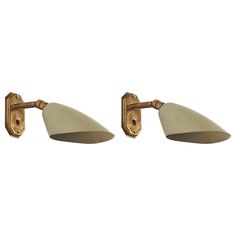 A pair of brass and light green-lacquered metal wall lights designed and produced by an Italian designer, Italy, 1950s. Variable dimensions, measured as illustrated in the first image. Dimensions of back plate (inches) : 3.43 x 1.93 x 0.34 (H x W x D). Designer Wall Lights, Unique Wall Lights, Adjustable Wall Light, Green Lamp, Brass Light, Metal Wall Light, Italian Mid Century Modern, Brass Wall Lamp, Wall Lighting Design